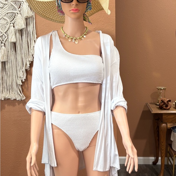Other - White Textured One-Shoulder Swimsuit Set